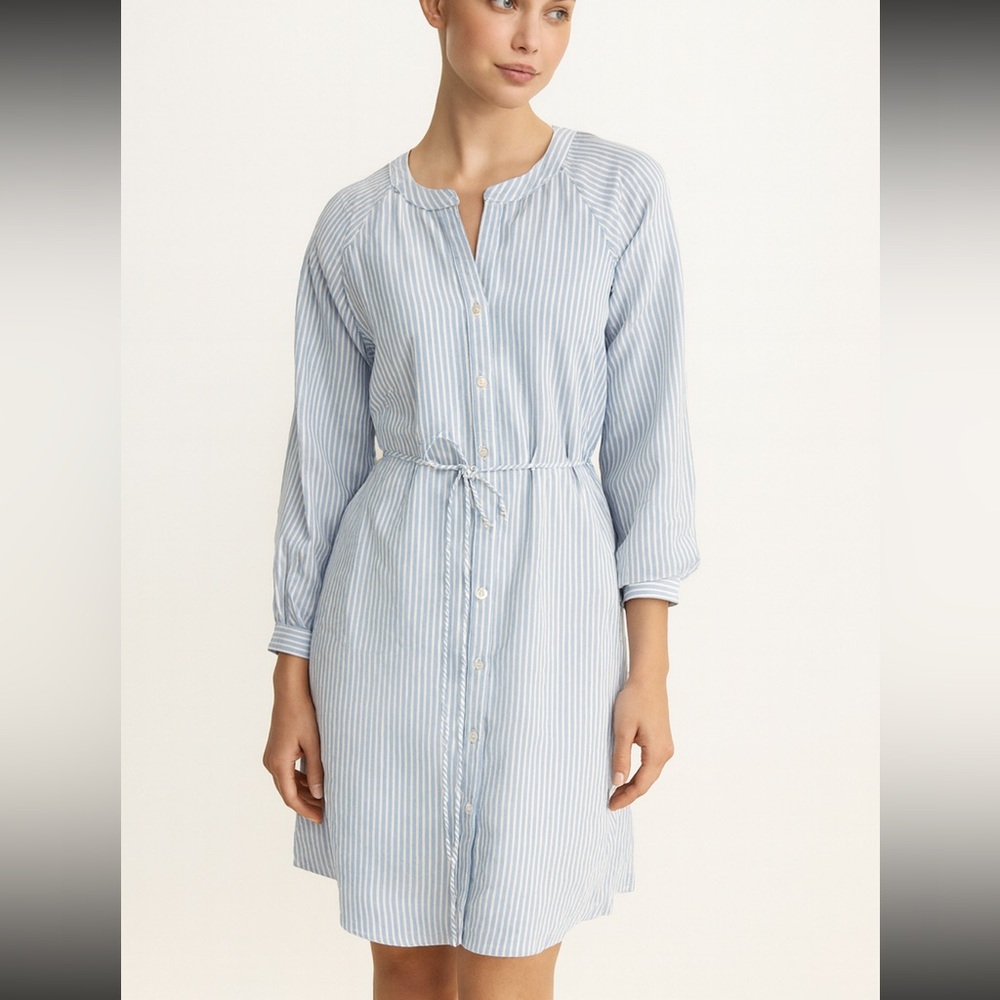 Loft Linen Blend Blue/White Striped Button Down Long Sleeve Dress